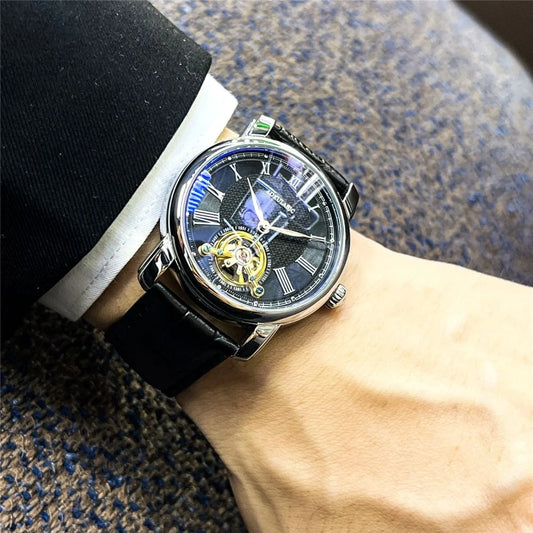 Pánské mechanické hodinky s automatickým nátahem – elegantní skeletový design, moderní styl „business casual“, pouzdro ze slitiny a kožený řemínek, bez baterie