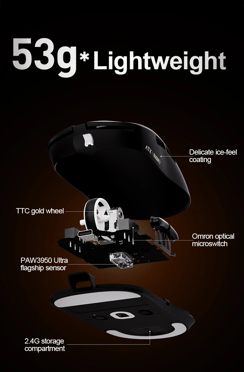 ATK Dragonfly A9 Ultra Wireless Gaming Mouse, Ultra-Lightweight Tri-Mode Ergonomic Gaming Mouse with Dual 8K Polling Rate, PAW3395/3950 Sensor