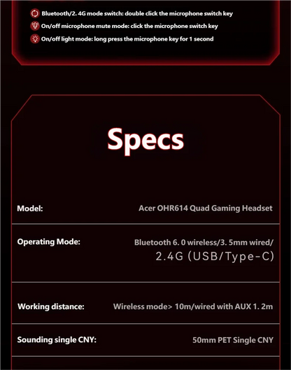Acer 2.4GHz Wireless Gaming Headsets 7.1 Surround Sound Bluetooth Gaming Headset with Mic for PS5, PS4, PC, Switch Stereo Sound