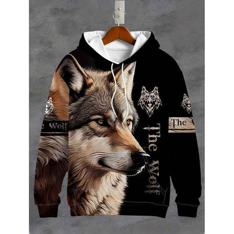 Men'S 3D White Wolf Print Hoodie, Casual Long Sleeve Pullover with Drawstring Pocket, 100% Polyester Slight Stretch Men Clothing