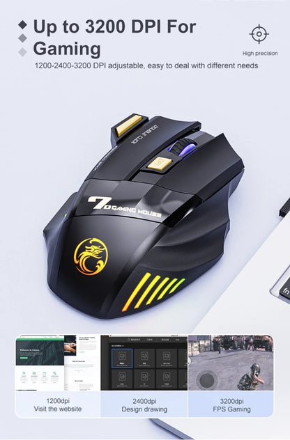 Rechargeable Bluetooth Wireless Mouse, 2.4G Silent Wireless Mouse with Adjustable DPI, RGB Breathing Light, 7 Buttons, Ergonomic Optical Mouse for Gaming & Office
