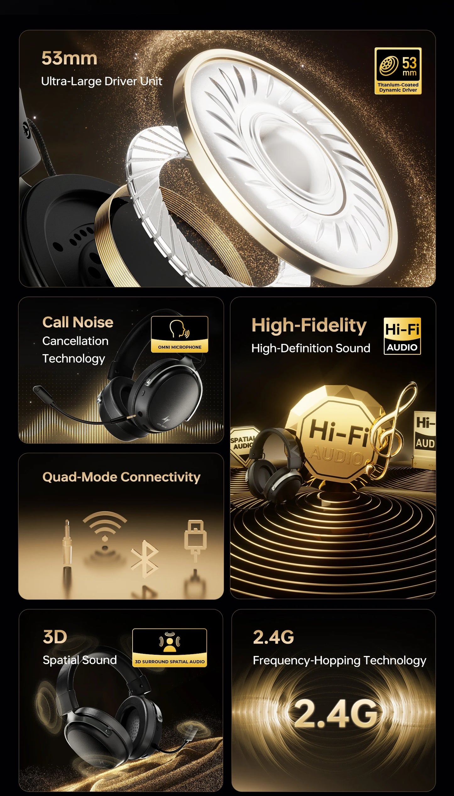 ATK N9 Pro Ultra Wireless Gaming Headset with Mic, 7.1 Surround Sound Low Latency Headphones, Noise Reduction Bluetooth Headset for E-Sports Gaming
