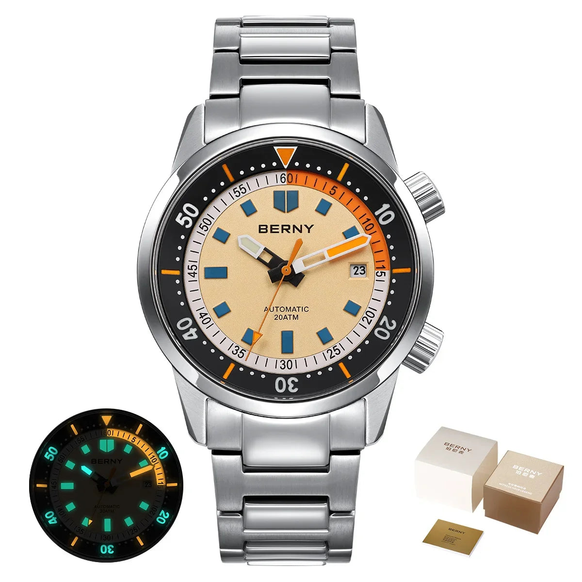 BERNY Men's Dive Watches 200M Waterproof Super Luminous Automatic Mechanical Diver Watch 42mm Sapphire Swim Diving Wristwatch