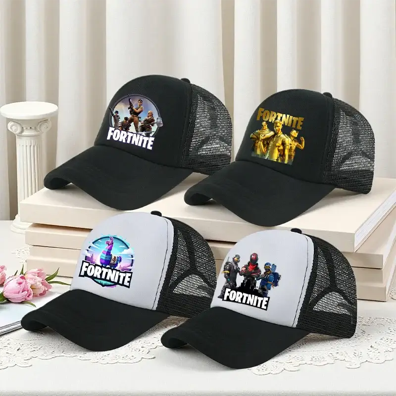 Детска бейзболна шапка Fortnite с принт в анимационен игрови стил, лятна дишаща мрежеста шапка с регулируема козирка, подарък за детски рожден ден