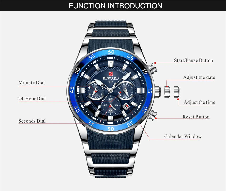REWARD Men's Watches 81011M Sports Silicone Quartz Men's Watch Waterproof Calendar Chronograph Luminous Watches Men