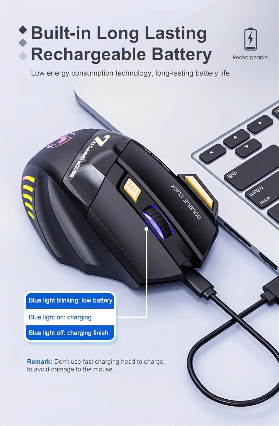 Wireless Bluetooth Mouse Rechargeable RGB Gaming Mouse, Ergonomic Silent Wireless Bluetooth Mouse with 7 Buttons, 3200 DPI Bluetooth Mouse for PC, Laptop & Mac