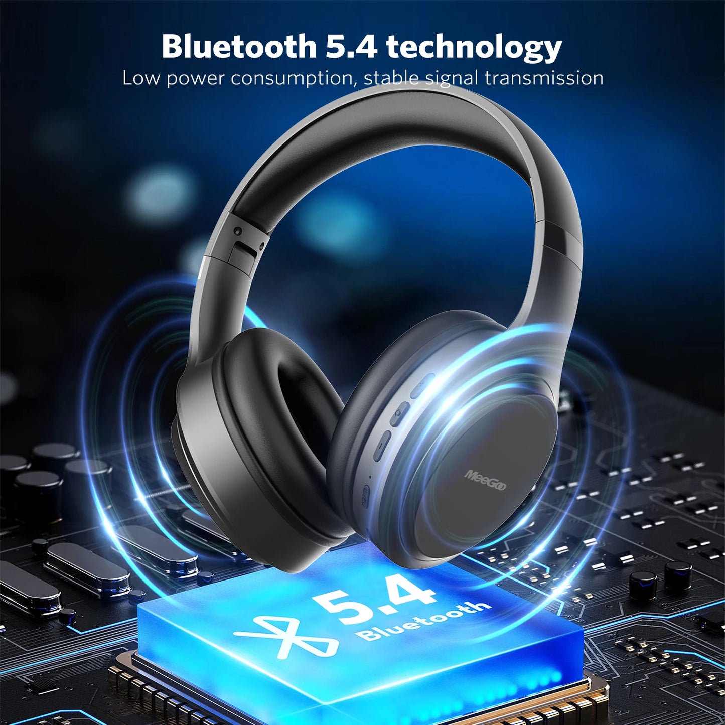 MeeGoo Bluetooth 5.4 Wireless Headphones Foldable Stereo Headset with Super Bass, ANC Noise Reduction Mic, Waterproof Design for Laptop PC TV