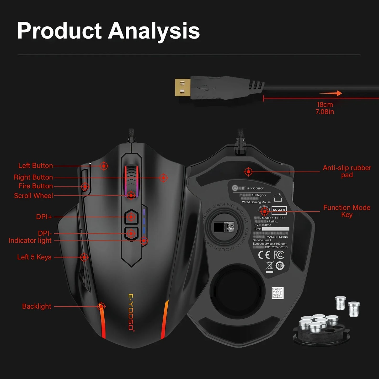 E-YOOSO X-41PRO langallinen suuri pelihiiri, RGB-taustavalaistus, 11 ohjelmoitavaa sivupainiketta, tuki tietokoneille, PC:lle, kannettaville ja Macille