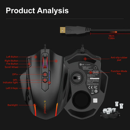 E-YOOSO X-41PRO langallinen suuri pelihiiri, RGB-taustavalaistus, 11 ohjelmoitavaa sivupainiketta, tuki tietokoneille, PC:lle, kannettaville ja Macille