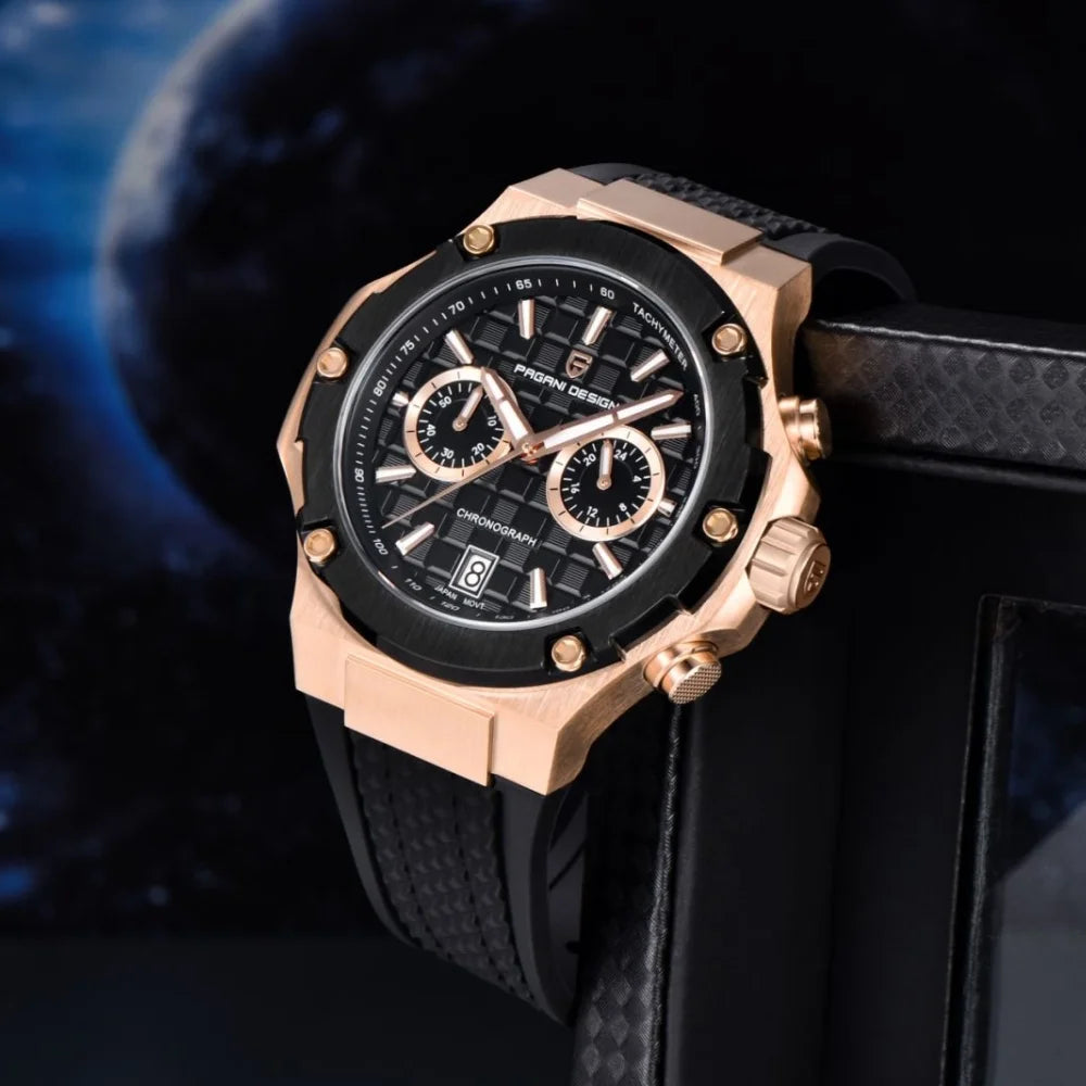 PAGANI DESIGN PD-YS032 Men's Quartz Watch 44mm Japan VK64 Movt Stainless Steel Case Rubber Strap Sapphire Glass 100M Waterproof