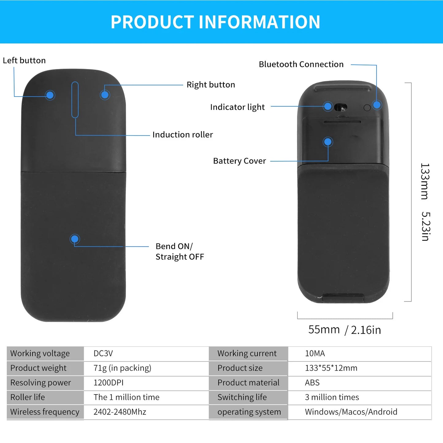 Bluetooth Arc Touch Mouse for Microsoft Surface, Wireless Ergonomic Bluetooth Mouse, Silent Foldable Laser Mouse for Laptop, PC & Windows