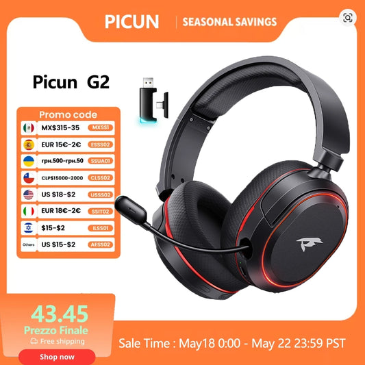 Auriculares gaming inalámbricos Picun G2 Bluetooth 5.3 – Sonido envolvente 7.1, micrófono ENC, batería de 100H y baja latencia para PC, PS5, PS4, Switch y móviles