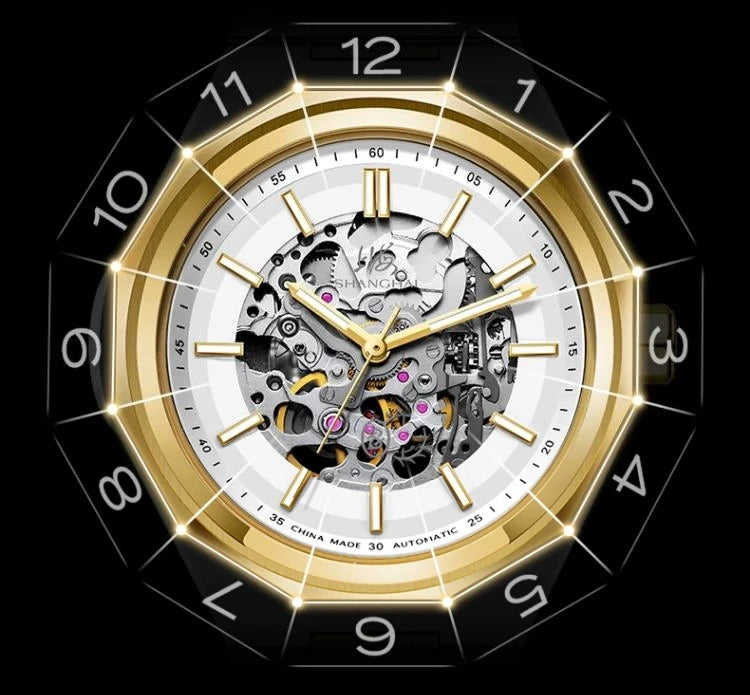Shanghai Watch Dual Skeletonized Automatic Mechanical Watches 41mm Luminous Sapphire Men's Wristwatch 316L Stainless Steel S8008