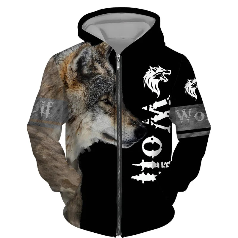 Sweat à capuz com fecho e estampado 3D de lobo, estilo streetwear, para homem/mulher, casaco com capuz unissexo casual hip-hop