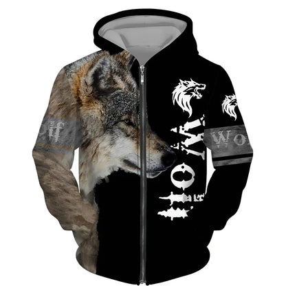 Sweat à capuz com fecho e estampado 3D de lobo, estilo streetwear, para homem/mulher, casaco com capuz unissexo casual hip-hop