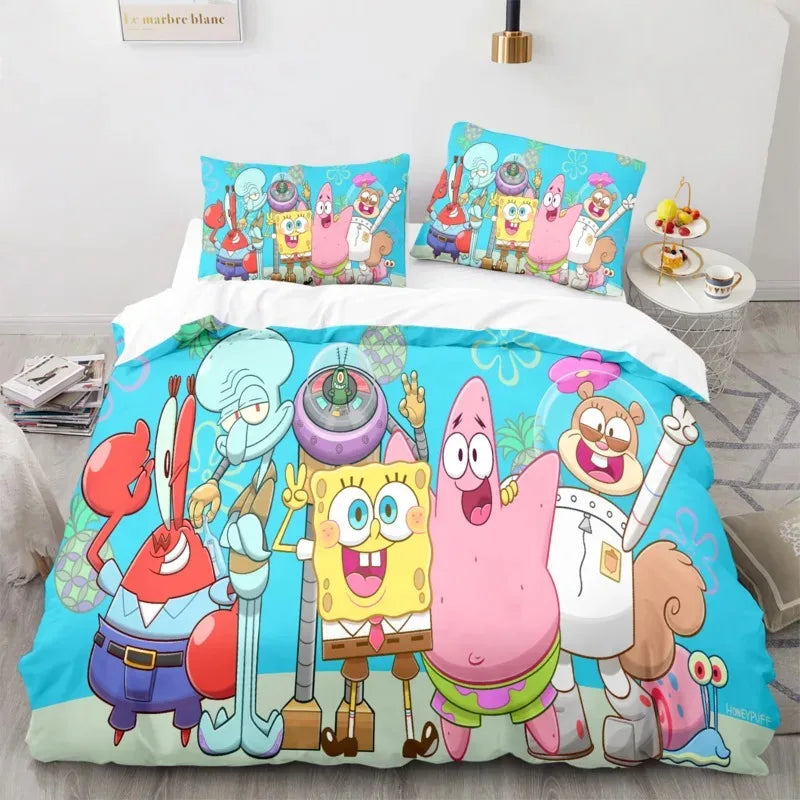 Cartoon anime komplet posteljine SpongeBob 3D print, Patricks Squidwards navlaka za poplun, jastučnica i posteljina, veličine Full Queen King