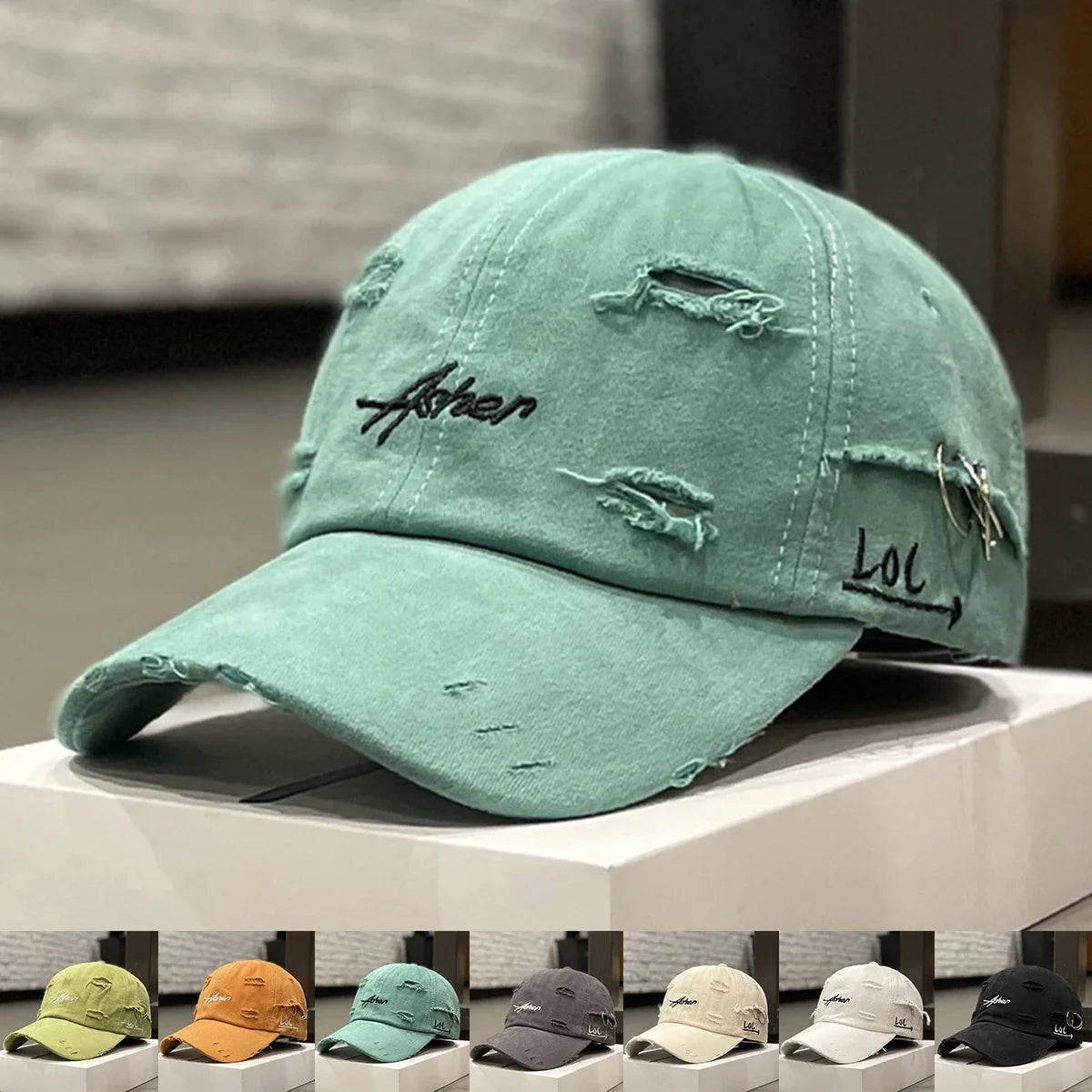 Unisex Asher-baseballpet met borduursel, opengewerkte ijzeren ring, verstelbaar, voor buiten, lente en herfst, casual, met zonbescherming