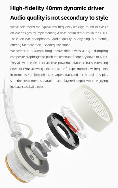 FIIO EH11 On-Ear Bluetooth Headphones – Hi-Res LDAC Wireless Bass Headset, 30H Battery, Dual Device Connection & Lightweight Retro Design
