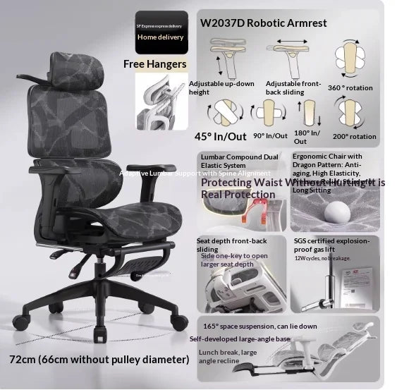 Ergonomic Mesh Office Chair with Adjustable Lumbar Support, Reclining Headrest, Swivel Design, Rolling Casters, Comfortable Home Office & Gaming Chair