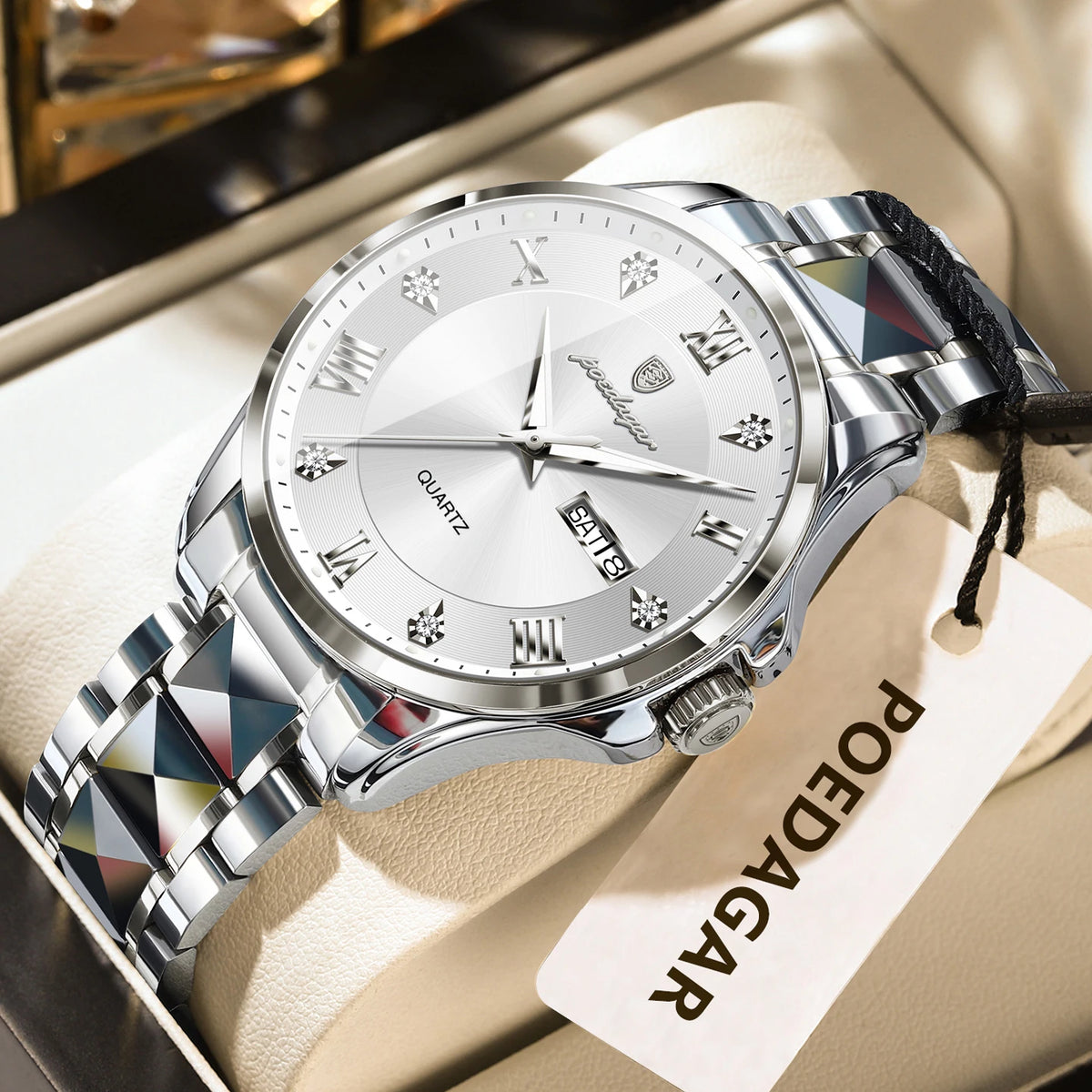 Relógio de homem POEDAGAR, modelo de luxo original, estanque, luminoso, com indicação da data e do dia, estilo elegante, caixa em aço inoxidável, movimento de quartzo, ideal para o trabalho.