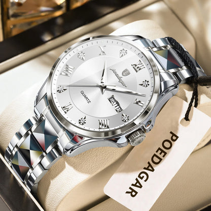 Relógio de homem POEDAGAR, modelo de luxo original, estanque, luminoso, com indicação da data e do dia, estilo elegante, caixa em aço inoxidável, movimento de quartzo, ideal para o trabalho.