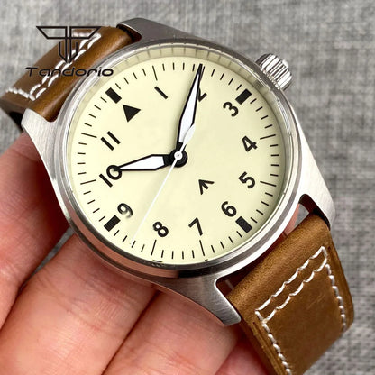 Tandorio Full Luminous Dial 39mm Men's Mechanical Pilot Watch Automatic Miyota 8215 PT5000 Steel Wristwatch AR Sapphire Crystal