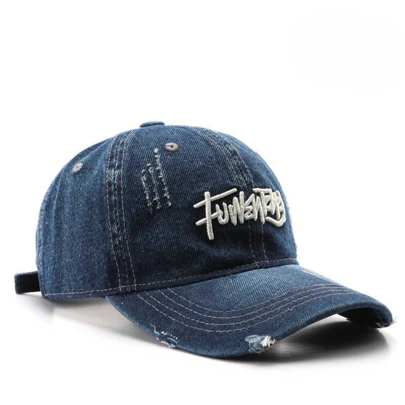 Cappellino da uomo in denim lavato stile retrò giapponese con lettere ricamate, per sport all’aperto, viaggi e protezione dal sole, cappellino da baseball classico, versatile e comodo