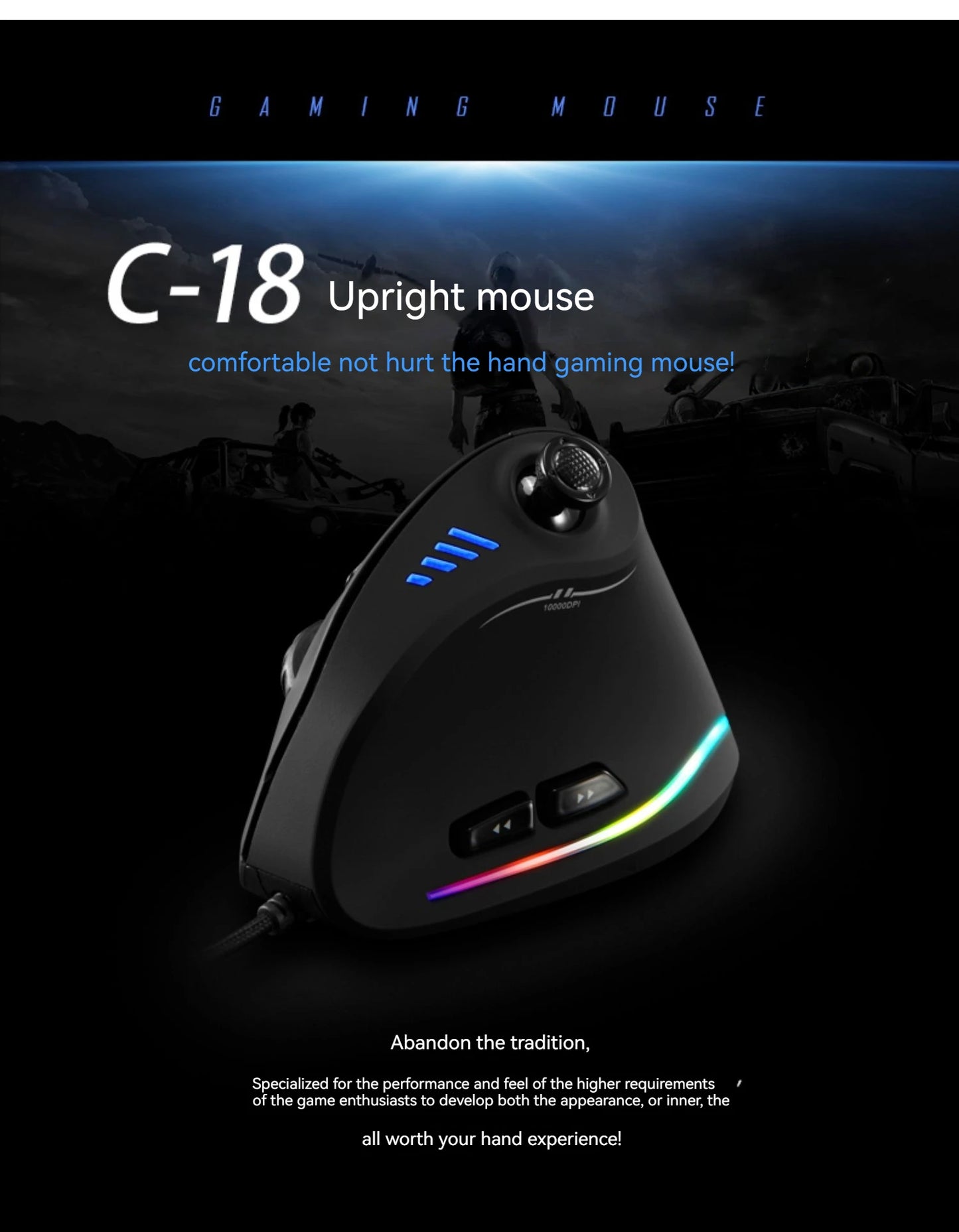 ZELOTES C18 Upright Ergonomic Gaming Mouse, 10000 DPI Wired Vertical Optical Mouse with 11 Programmable Buttons for PC, Office & Gaming