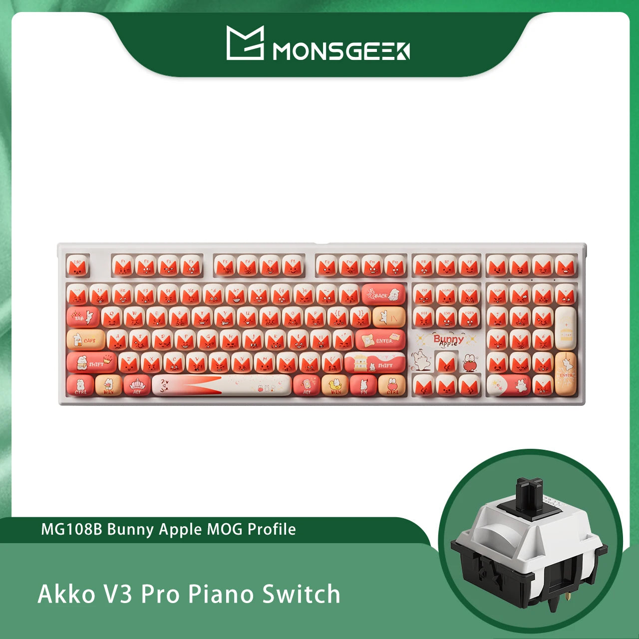 Tastiera meccanica wireless Akko MonsGeek MG108B Bun Wonderland, profilo MOG, RGB, 108 tasti, formato full size, hot swap, USB / 2.4G / BT 5.0