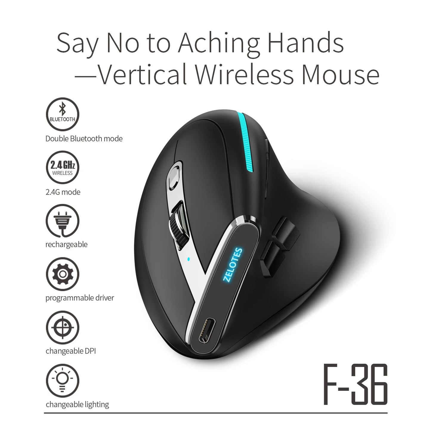 ZELOTES F36 Vertical Wireless Mouse Bluetooth Ergonomic Mouse, Rechargeable 2.4G Wireless Gaming Mouse, 2400 DPI Programmable Mouse for Laptop & PC