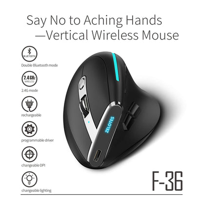 ZELOTES F36 Vertical Wireless Mouse Bluetooth Ergonomic Mouse, Rechargeable 2.4G Wireless Gaming Mouse, 2400 DPI Programmable Mouse for Laptop & PC