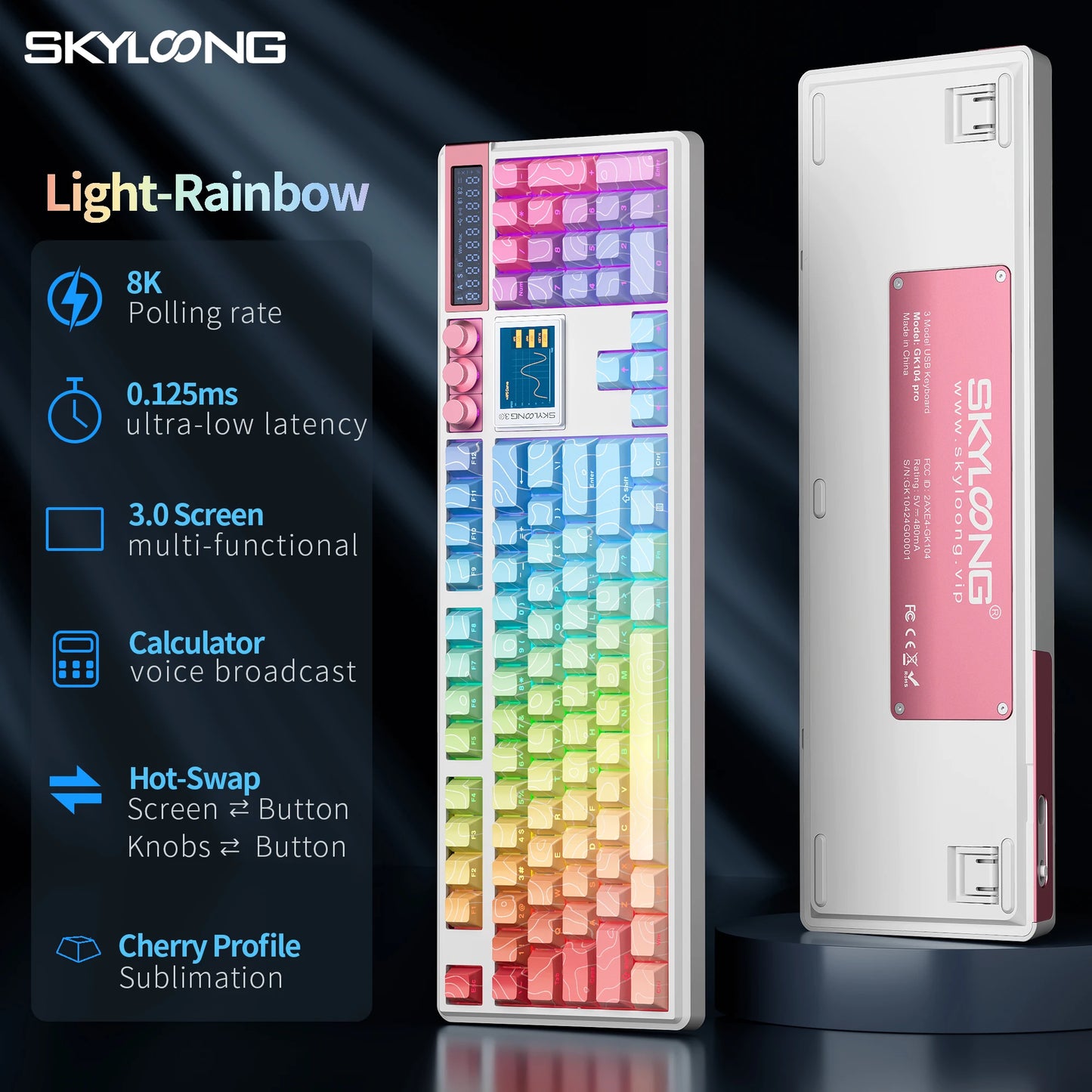 SKYLOONG GK104 Pro Wireless Mechanical Keyboard, 104-Key Custom Hot-Swappable RGB Gaming Keyboard with LCD Screen, Triple Mode Bluetooth/2.4G/USB-C Mechanical Keyboard