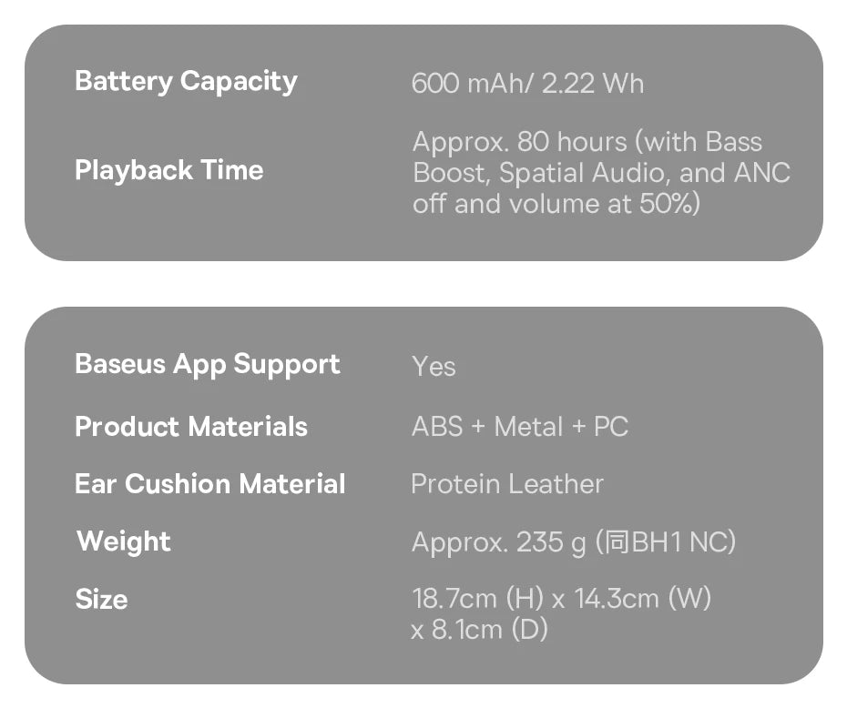 Baseus Bass BH1 NC Lite ANC Wireless Headphones Bluetooth 6.0 Noise Cancelling Headset 80H Battery Over Ear Earphones