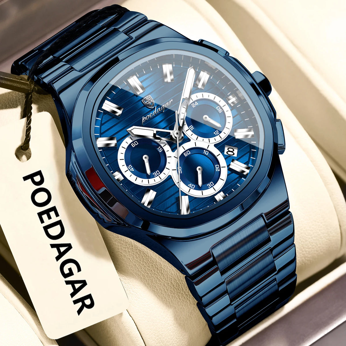 Montre-bracelet homme d'affaires POEDAGAR, chronographe avec date, étanche et lumineuse, de luxe, en acier inoxydable et à quartz.
