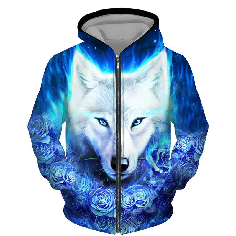 Sweat à capuz com fecho e estampado 3D de lobo, estilo streetwear, para homem/mulher, casaco com capuz unissexo casual hip-hop