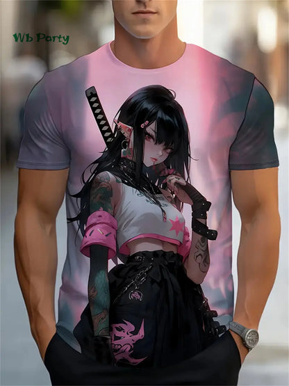 Sakura Samurai Pattern Men's T-Shirt Japanese Anime Short Sleeve T-Shirt Harajuku Tops Summer Men's Oversized Casual Clothing