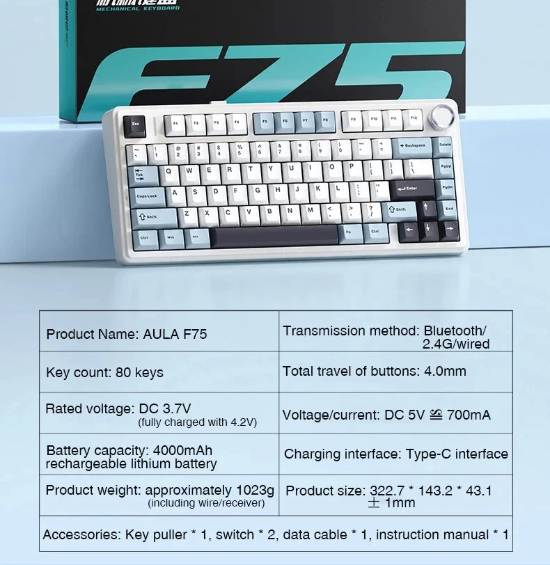 AULA F75 Game Mechanical Keyboard RGB Light 2.4G /BT5.0/Wired Tri-Mode Gasket Structure 75% Customized Gradient Grey Keyboard