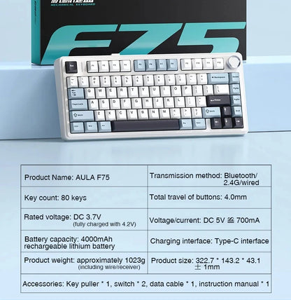AULA F75 Game Mechanical Keyboard RGB Light 2.4G /BT5.0/Wired Tri-Mode Gasket Structure 75% Customized Gradient Grey Keyboard