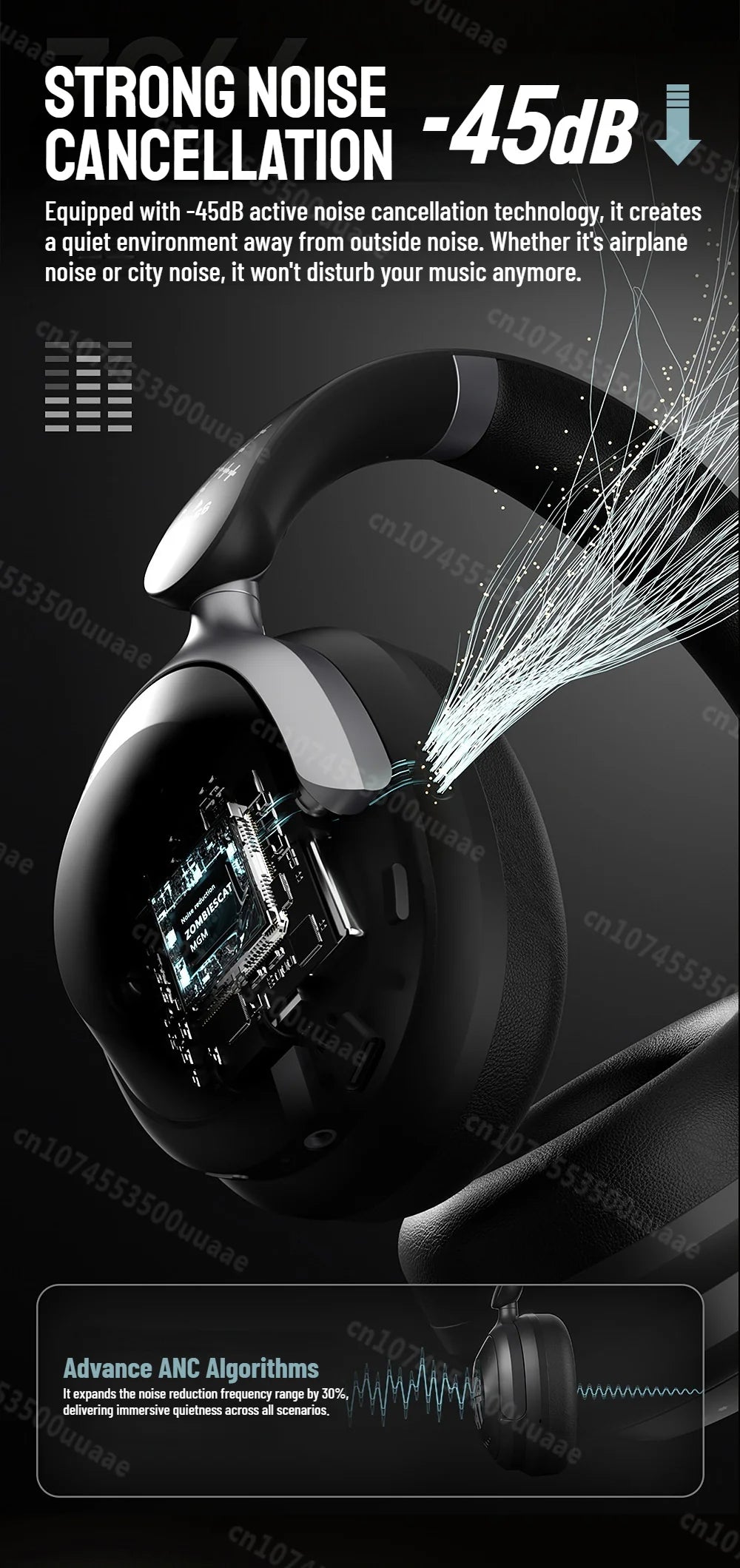 Zombies Cat S10 ANC Bluetooth Headphones with 45dB Noise Cancellation, HiFi Stereo Wireless Over-Ear Headset with Mic