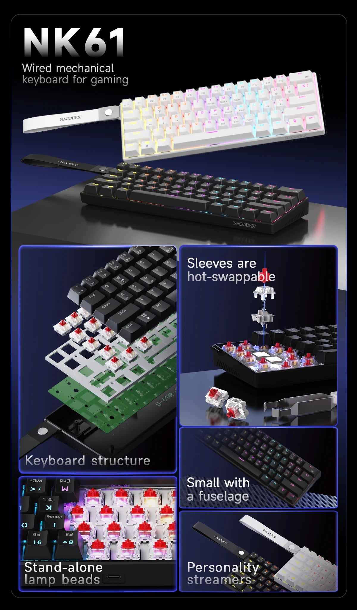 AJAZZ NK61 kabelgebundene mechanische Gaming-Tastatur 60% RGB Hot-Swappable 61 Tasten Red Switch Mini-Tastatur für Gamer-PC