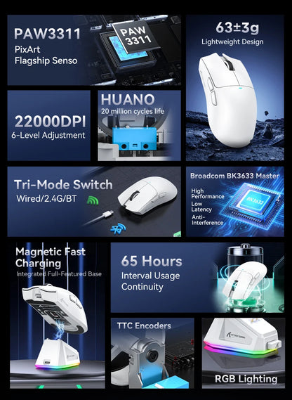 ATTACK SHARK X11 Tri-Mode Wireless Gaming Mouse 22000DPI PAW3311 Sensor Lightweight RGB Mouse with Fast Charging for PC Gaming