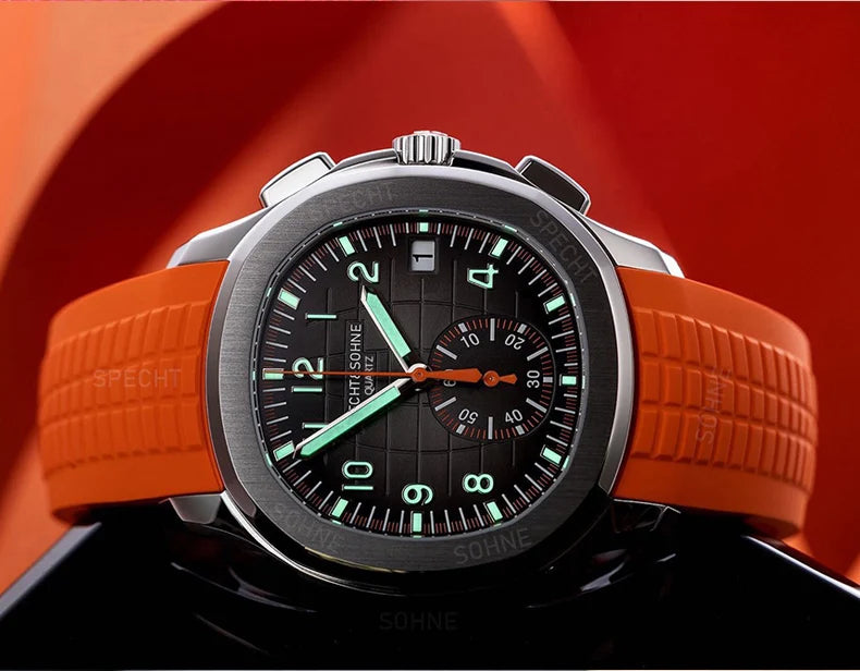 Specht & Söhne New Classic 5167 Men's Watch Orange Color Sapphire Crystal Rubber Srap Sports Male Quartz Watches 50M Waterproof