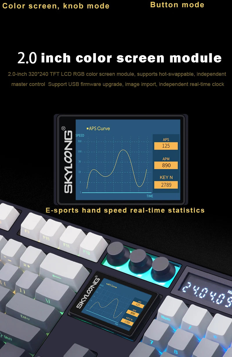 SKYLOONG GK104 Pro Wireless Mechanical Keyboard, 104-Key Custom Hot-Swappable RGB Gaming Keyboard with LCD Screen, Triple Mode Bluetooth/2.4G/USB-C Mechanical Keyboard