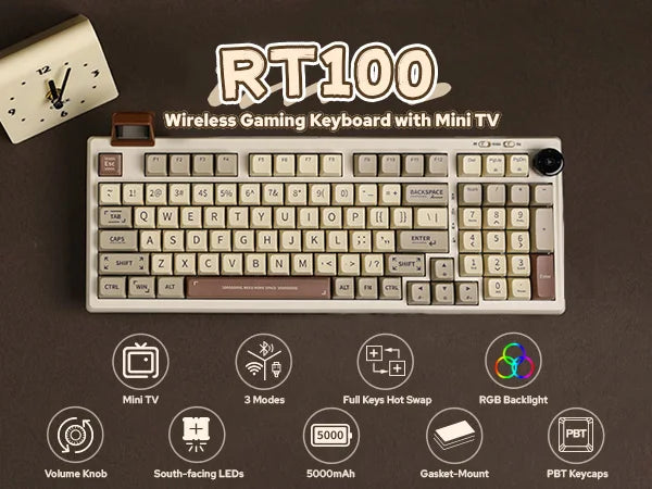 EPOMAKER RT100 95% Gasket-Mounted Wired/Bluetooth/2.4G Wireles Mechanical Keyboard with Multi-media Knob & Mini Display