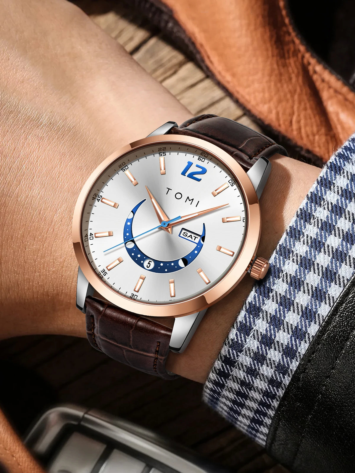 TOMI quartz watch, business-style and elegant, with a leather strap, alloy case and analogue dial – High-end design, a gift idea for men
