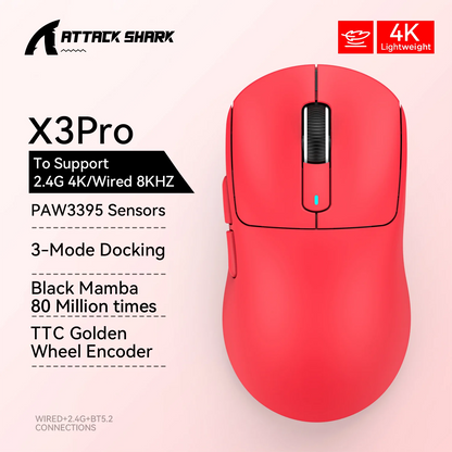 Bezdrôtová herná myš X3 ATTACK SHARK, červená farba, 4K odozva, Bluetooth trojrežimové pripojenie, PAW3395, makro Bluetooth herná myš