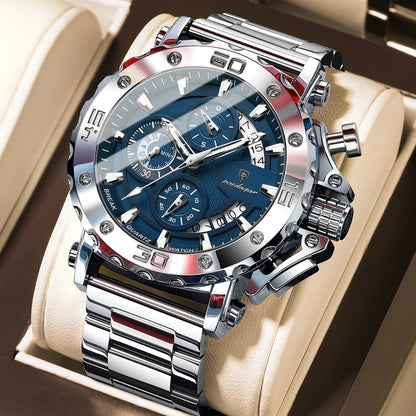 Luxusní pánské hodinky POEDAGAR, s luminiscenčními ručičkami, vodotěsné, chronograf, datum, nerezová ocel, quartz, Reloj