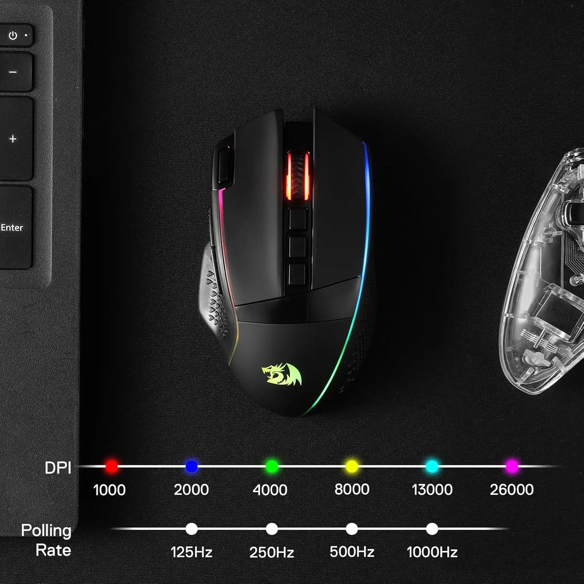 Redragon M991 kabellose Gaming-Maus 26000 DPI, 3 Modi, 9 Makro-Tasten, RGB-Hintergrundbeleuchtung, Schwarz