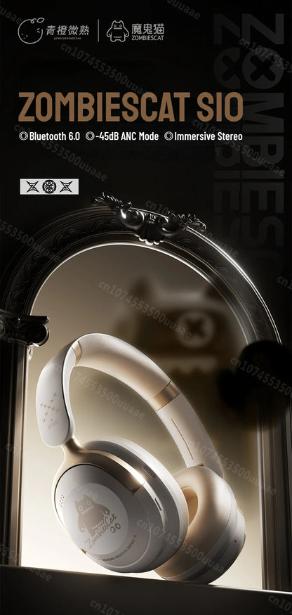 Zombies Cat S10 ANC Bluetooth Headphones with 45dB Noise Cancellation, HiFi Stereo Wireless Over-Ear Headset with Mic