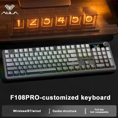 AULA F108 PRO Wireless Mechanical Keyboard 3 Mode RGB Backlit Gaming Keyboard With Screen 8000mAh Battery 104 Keys Hot Swappable